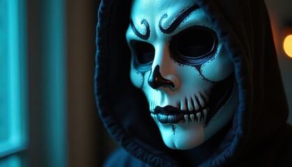 Naklejka premium Gothic Mask Featuring Deep Shadows and Dramatic Light Effects Under Dark Halloween Skies.