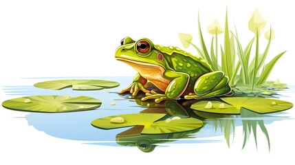 Frog crouched by the edge of a pond, partially submerged, vector illustration art. isolate on white background 