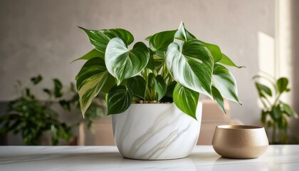 A photo of a Pothos plant (Epipremnum aureum) with large, heart-shaped leaves in shades of vibrant green, The plant is placed in a sleek, luxurious white marble pot. The background is a beige wall wit