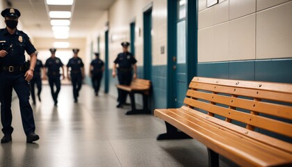 A close-up of a police station bench in the hallway, with a blurred background where officers sprint and civilians gather in panic, Generative AI