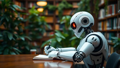 Fototapeta premium A white robot with a red eye sits at a table in a library 