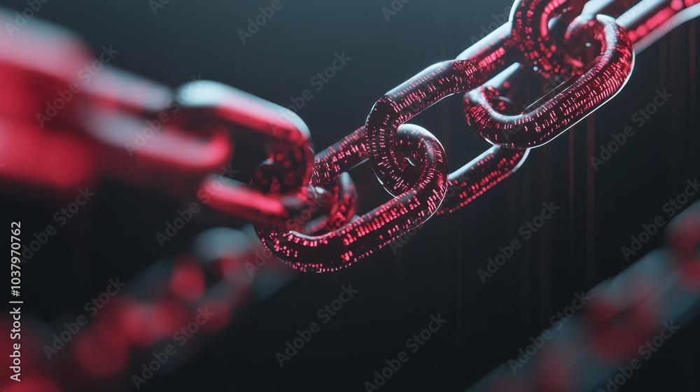Poster Intricate close-up of modern digital chains with a futuristic glow and depth
