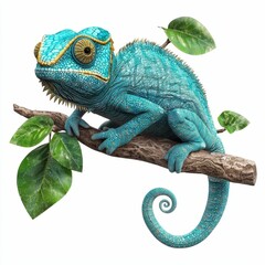 Obraz premium A vibrant turquoise chameleon perched on a branch surrounded by green leaves, showcasing its unique texture and coloration.