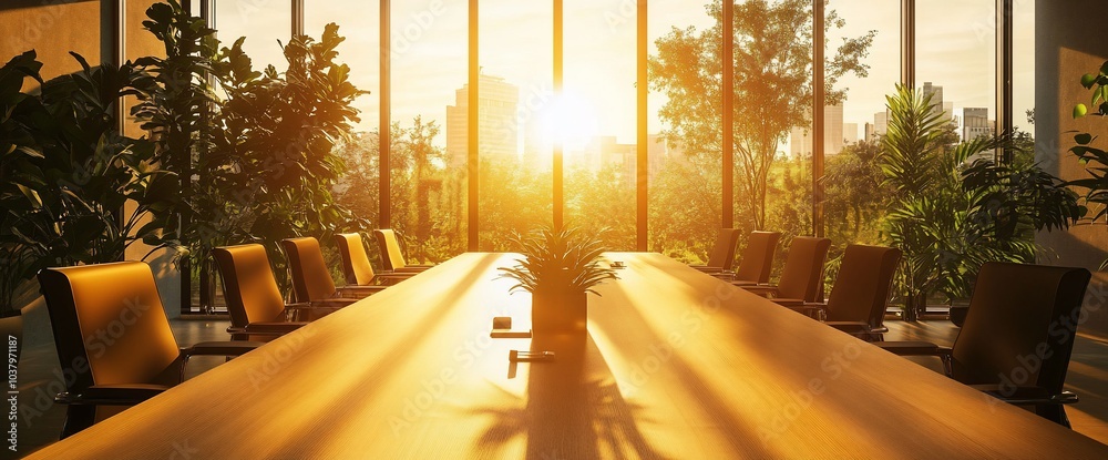 Poster Empty boardroom table with chairs, facing a large window with a view of the city and a bright sun shining through.