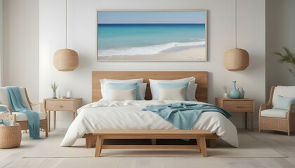 A serene beach scene with a calm, turquoise ocean and a sandy shore in the foreground. The background features a clear, blue sky.