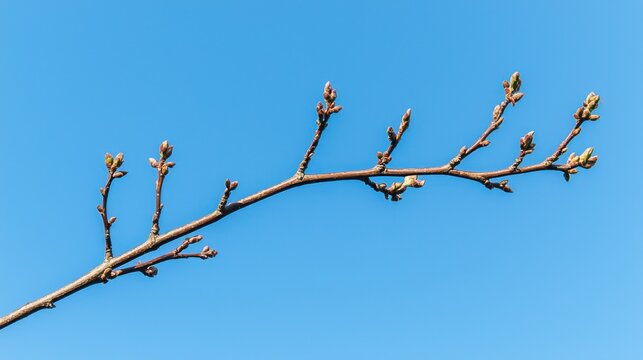 Single bare branch with intricate patterns of twigs and buds against a clear blue sky in early spring