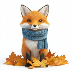Fototapeta premium A cute fox wearing a blue scarf surrounded by colorful autumn leaves, embodying a cozy, whimsical atmosphere.