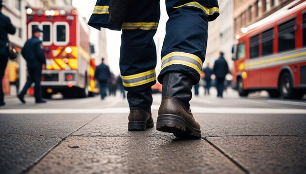 A focused shot of a fireman�s boots at the entrance of the station, sharply in focus, while the blurred background depicts the bustling activity of people rushing around, Generative AI