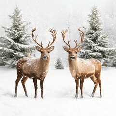 Two majestic deer stand in a winter landscape, surrounded by snow-covered trees, creating a serene and enchanting atmosphere.