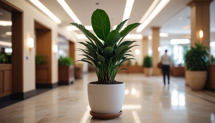 Fototapeta premium A detailed shot of a potted plant in the lobby, contrasting with the blurred action of staff and civilians in the background, Generative AI
