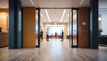 A clear shot of an open door leading to a conference room, sharply visible, while the blurred background shows people moving quickly through the lobby, Generative AI
