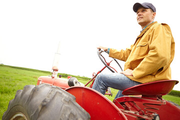 Field, thinking and man with tractor for farming, driving and tiling for cultivation in countryside. Harvesting, male person or farmer with machine truck for agriculture, planting or growth by mockup