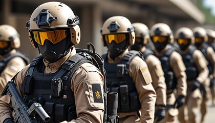 A focused view of a set of tactical gear, including helmets and vests, neatly arranged in the foreground, while the blurred background depicts personnel rushing to equip themselves, Generative AI