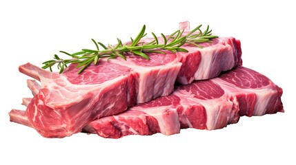 A rack of lamb, gourmet meat cut, digital painting, medium-rare pink, isolated on white background 