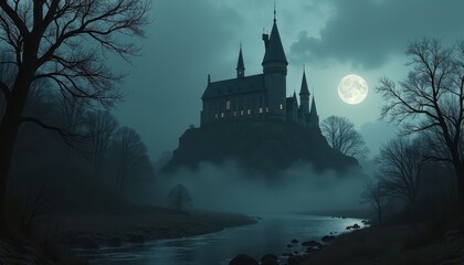 Vampire&rsquo;s Dark Castle Emerging from the Shadows with Low Lighting Creating a Gothic Vibe.