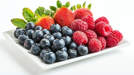 Close-up of a mix of fresh berries, including strawberries, blueberries, and raspberries, arranged on a white plate