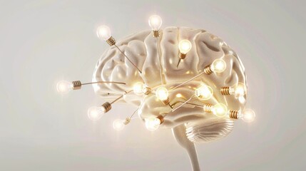 a human brain, with interconnected light bulbs glowing brightly