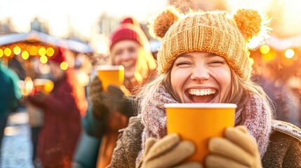 Cheerful Shoppers Enjoying Mulled Wine at Festival