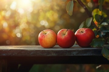 fresh red apples on wooden table by generative ai