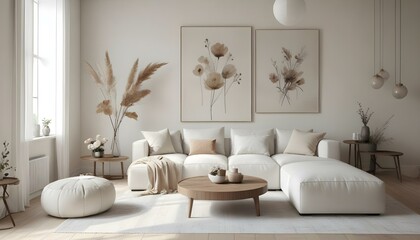 A minimalist living room with neutral-toned furniture, including a large sectional sofa , armchairs , and a wooden coffee table.