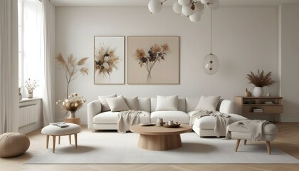 A minimalist living room with neutral-toned furniture, including a large sectional sofa , armchairs , and a wooden coffee table.