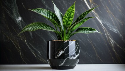 A glossy black marble background reflecting the elegance and sophistication of the image. A snake plant in a sleek, shiny black marble pot is placed at the forefront of the image.
