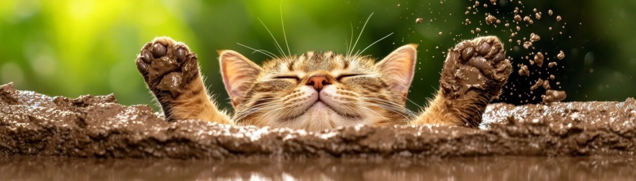 A playful cat enjoys splashing in muddy water, exhibiting pure joy amidst nature.