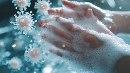 Fototapeta premium Virus particles disappearing as hands are scrubbed with soap and water, representing effective hygiene practices and infection prevention in a close-up.