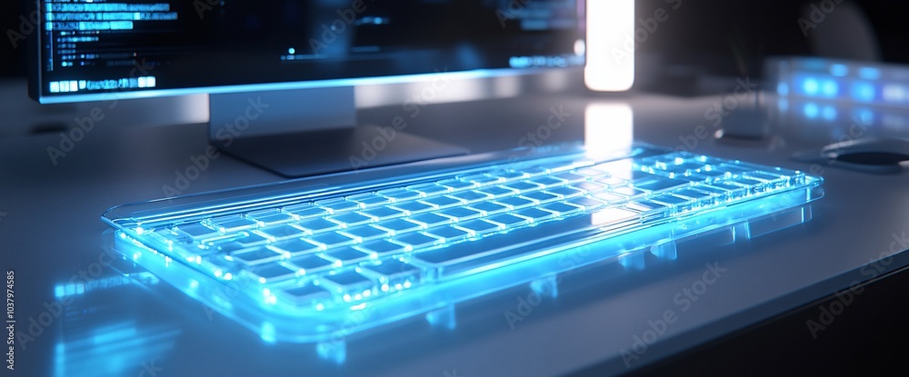 Poster futuristic transparent keyboard illuminated with blue light on a desk.