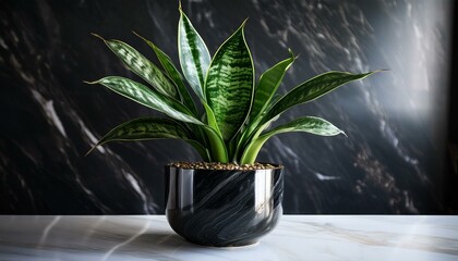 A glossy black marble background reflecting the elegance and sophistication of the image. A snake plant in a sleek, shiny black marble pot is placed at the forefront of the image.
