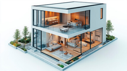 Cutaway of a modern two-story house showcasing a minimalist interior design with expansive glass walls and integrated green spaces, perfect for architectural and real estate presentations