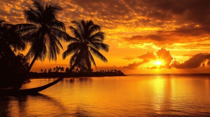 Obraz premium A serene sunset over calm waters, framed by silhouettes of palm trees.