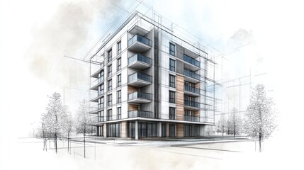 Architectural sketch of a modern building with balconies and surrounding trees.