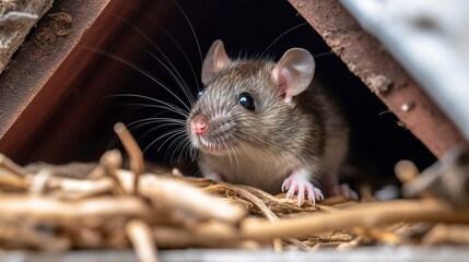 Brown rat nests within house insulation, gnawing on wires, highlighting the common issues of rodent infestations in residential areas  