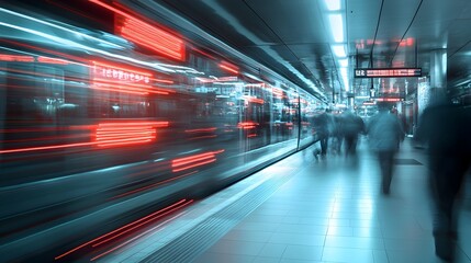 Blurred motion in a fast paced urban commuting corridor with vivid lights and colors