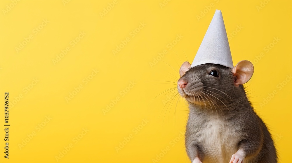 Poster Gray rat with holiday cap on yellow background with copy space 