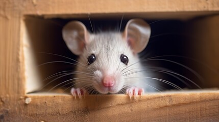Obraz premium Close-up of cute rat peeking out from hole in cardboard box. 