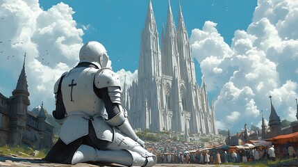Naklejka premium Stoic Knight Kneeling Before Looming Cathedral Faade in Bustling Marketplace