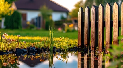 Fototapeta premium Backyard with standing water reflecting the surrounding trees and sky, capturing the serene beauty of nature's reflection and the tranquility of a still moment.