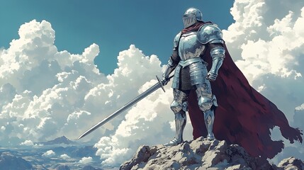 Naklejka premium Heroic Anime Knight in Shimmering Armor Brandishing Broadsword on Craggy Mountain