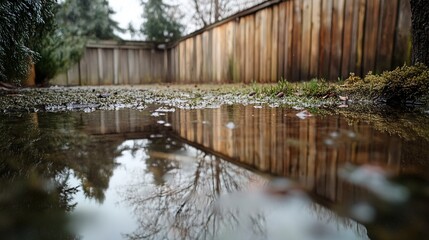 Backyard with standing water reflecting the surrounding trees and sky, capturing the serene beauty of nature's reflection and the tranquility of a still moment.