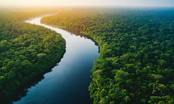 Aerial view of a river snaking through a lush green rainforest, sunlight illuminating the scene.