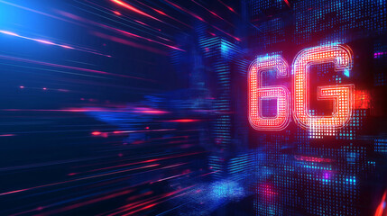 Futuristic 6g technology concept with neon lights and digital streams