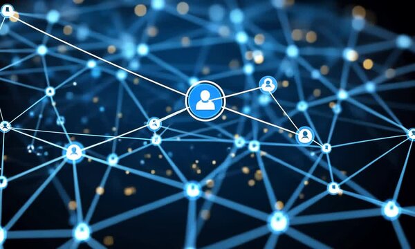 Abstract network connection with glowing dots and lines on dark blue background.