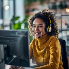 Call center, young woman and smile in contact us with CRM, headset with mic and mockup space. Customer service consultant, happy female and telemarketing with sales and help desk