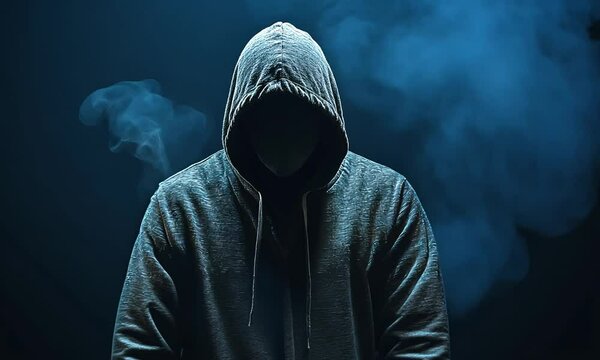 A mysterious person in a hooded sweatshirt stands in front of a dark background with a blue light shining on them, their face is hidden in the shadows.
