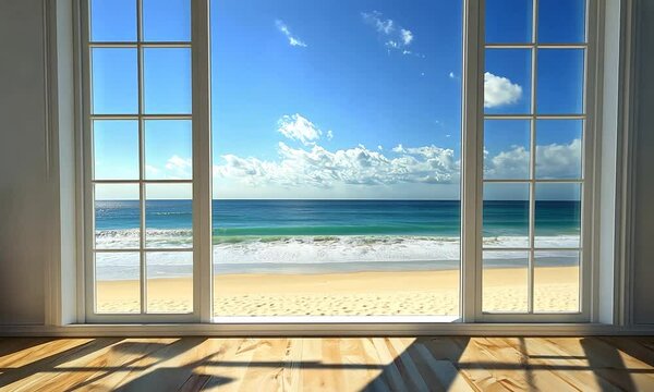 A room with large windows overlooking a sandy beach and turquoise ocean.  The room has white walls and a wooden floor. Two plants in the corner of the room, and two pillows on the floor.