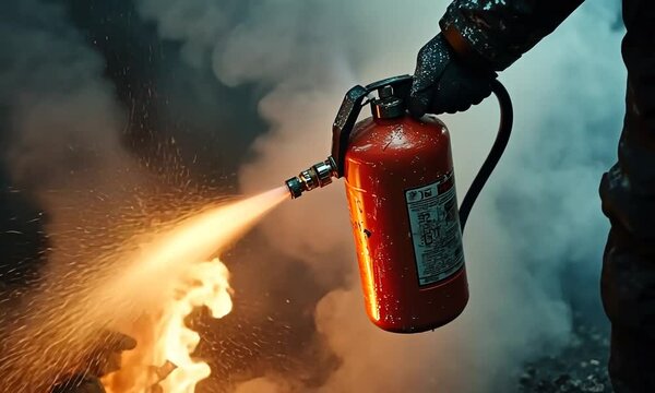 A hand holds a red fire extinguisher spraying a stream of fire retardant onto a fire.