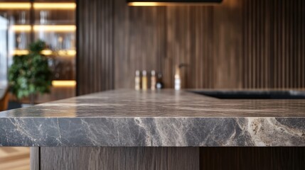 A close-up of a marble countertop in a modern kitchen setting.
