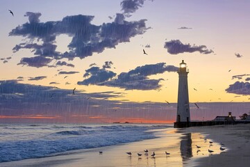 Fototapeta premium Lighthouse on the beach at morning dramatic sky